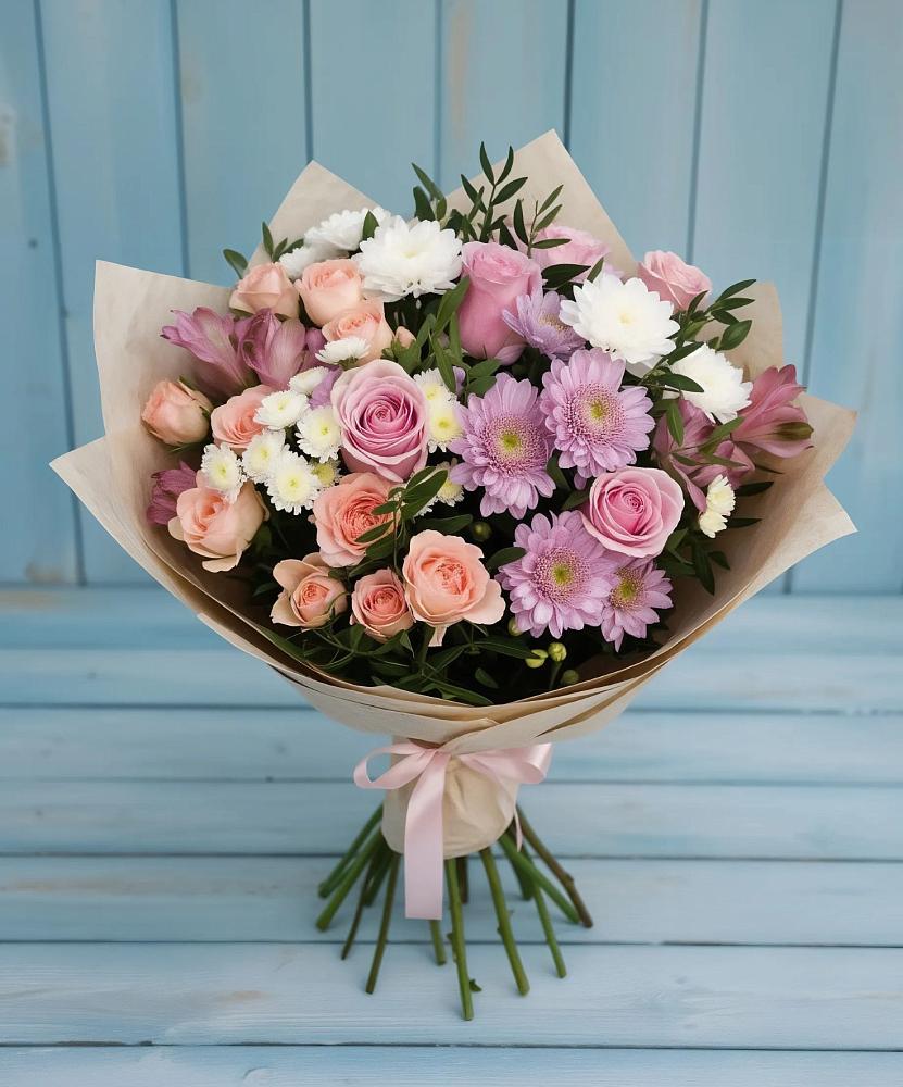Букет цветов из: Хризантемы, Розы и Альстромерии в Юже
