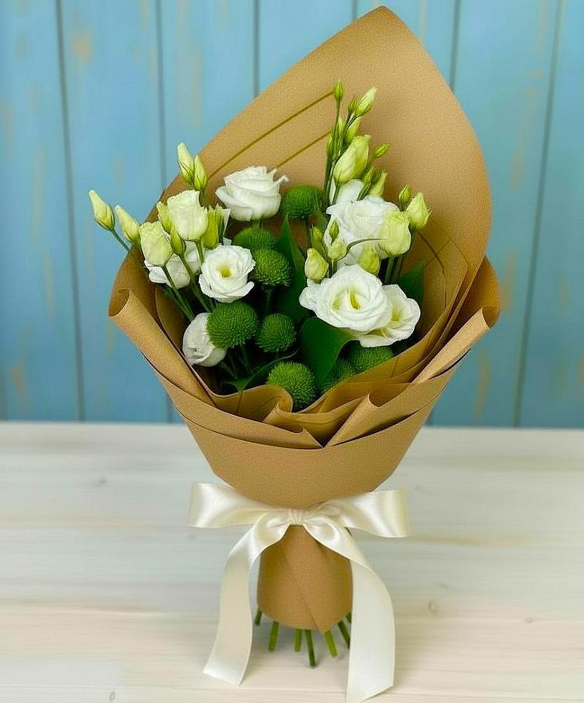 Букет цветов из: Хризантемы и Лизиантусы в Юже