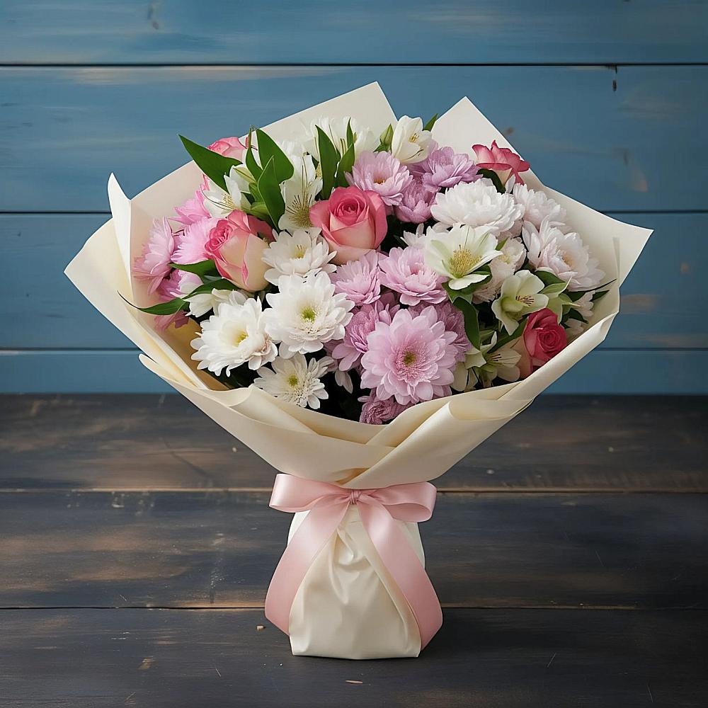 Букет цветов из: Хризантемы, Альстромерии и Розы в Юже